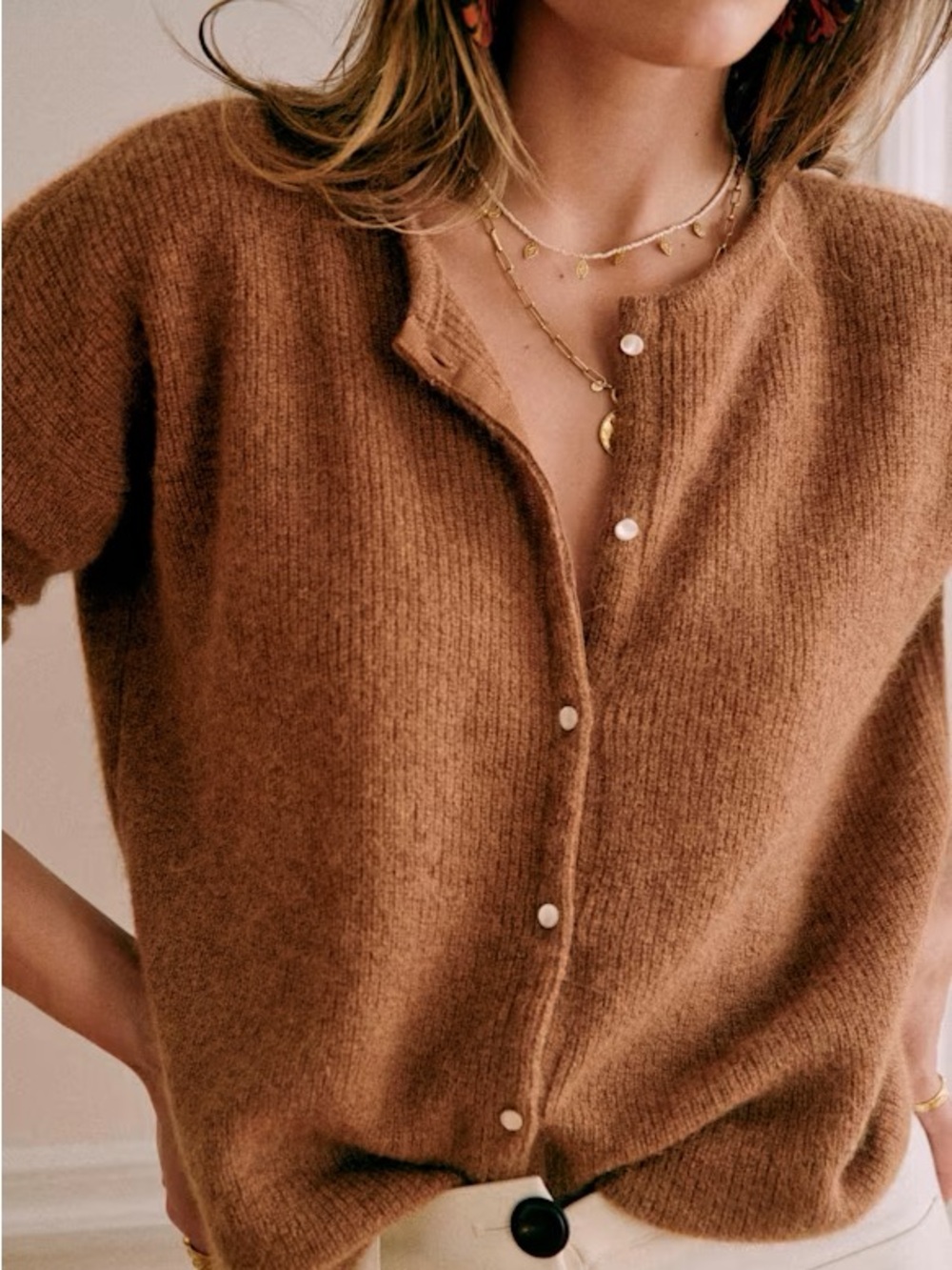 Sezane Gaspard Camel Mohair Alpaca Rib Knit Cardigan French Casual Women Medium